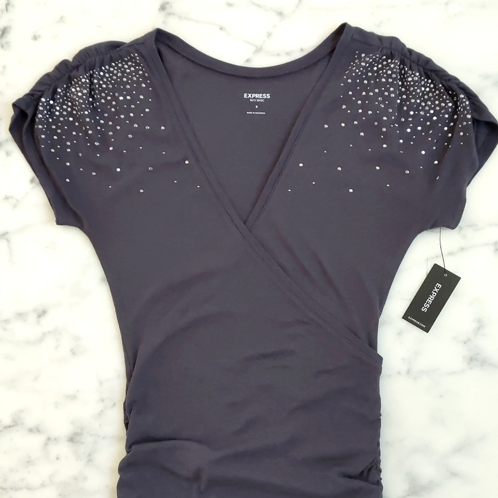 NWT. Express Sexy Basic Cotton blended long wrap top w/sparkling crystals decor.